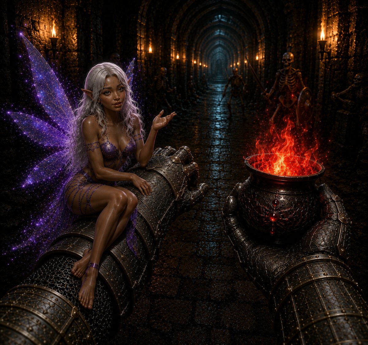 Campaign concept: the fairy companion perched on the player's gauntlet in a torchlit dungeon