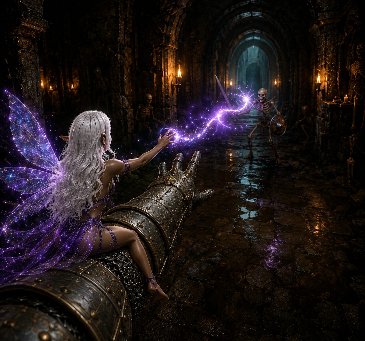 Campaign concept: the fairy casting a bolt of star magic down a dungeon corridor at a skeleton