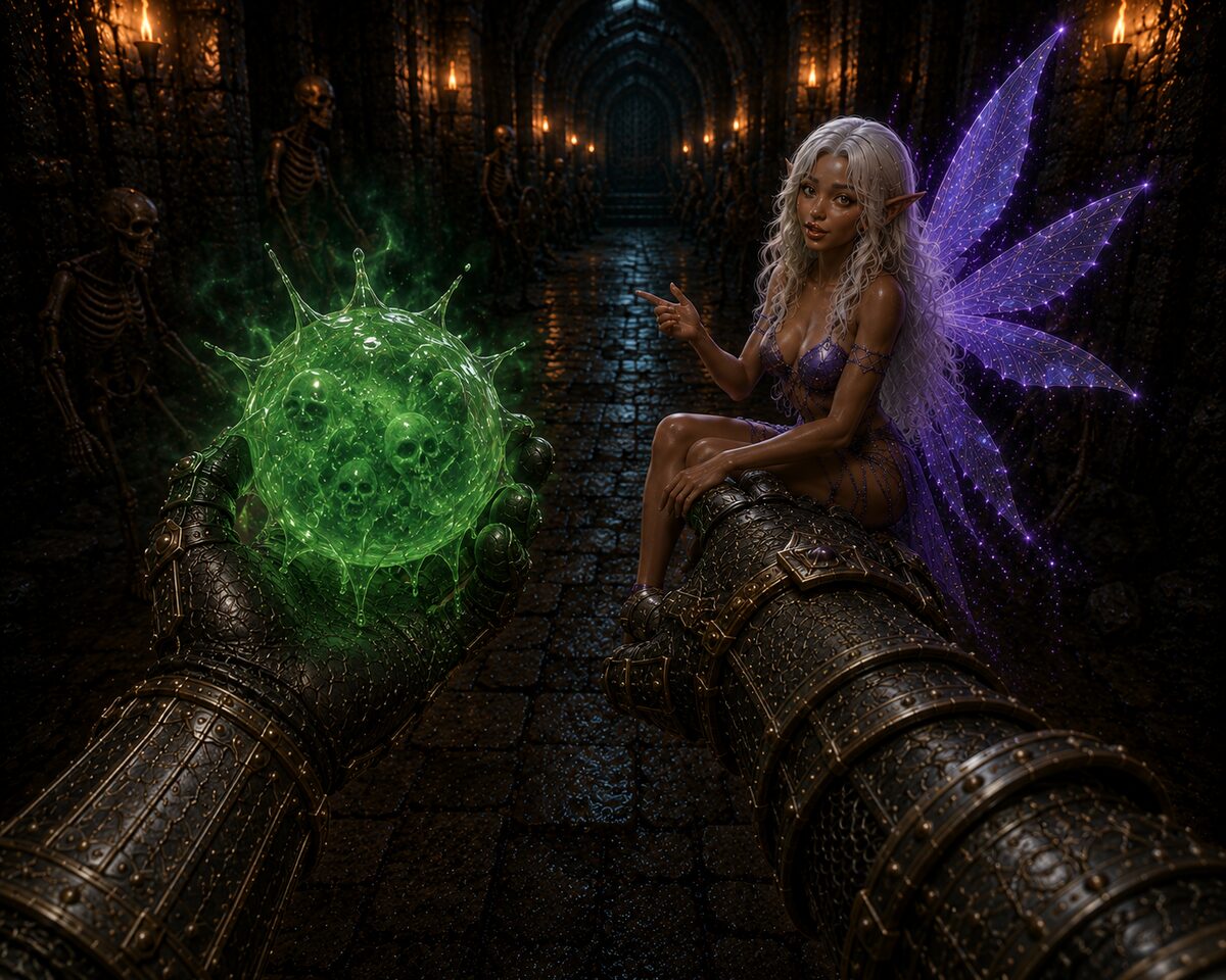 Campaign concept: an ectoplasm grenade held in the player's gauntlet, the fairy pointing the way