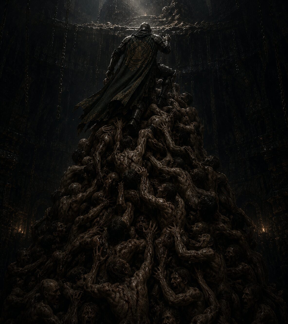 Lord of the Halo campaign key art: an armoured figure standing atop a mound in a chained vault
