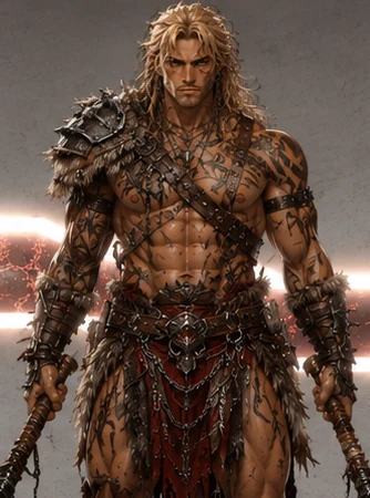 Njord, Njord is a heavily muscled, tattooed barbarian with long dirty-blond hair, thin braids and light stubble