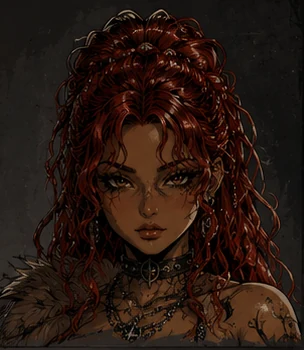 Kara, Kara is a Valkyrie-blessed warrior with sun-weathered tan skin, loose curly red hair and dark tattoos