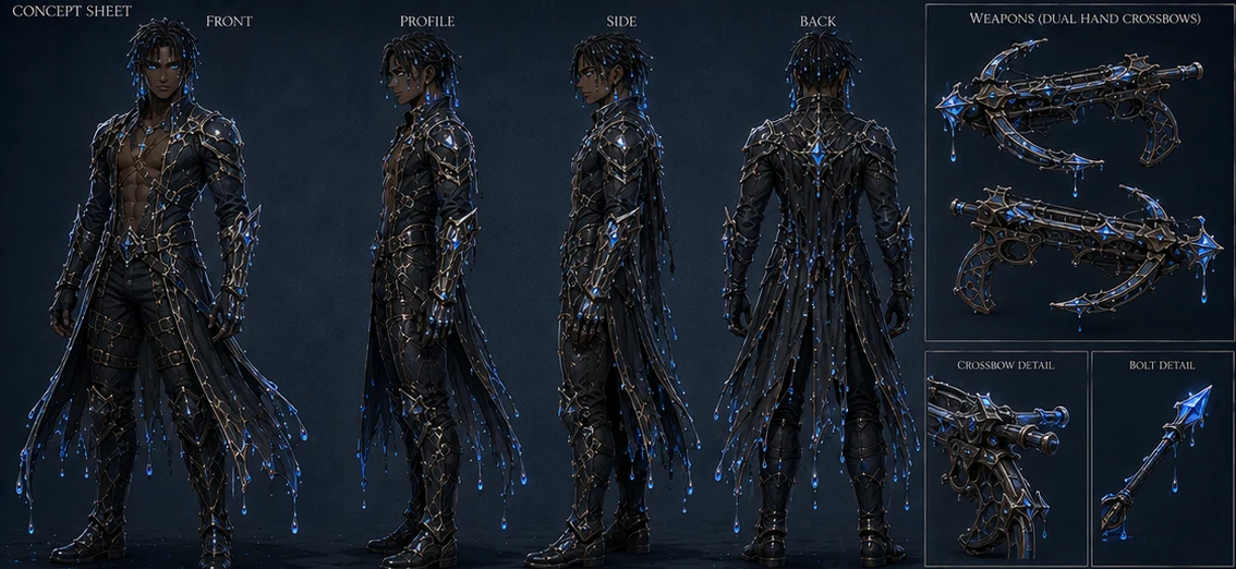 Cudjo Slym: human form and dual crossbows