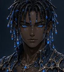 Cudjo Slym, Cudjo Slym has a dark-skinned human form with long black locs and open black filigree armour, edged with blue droplets