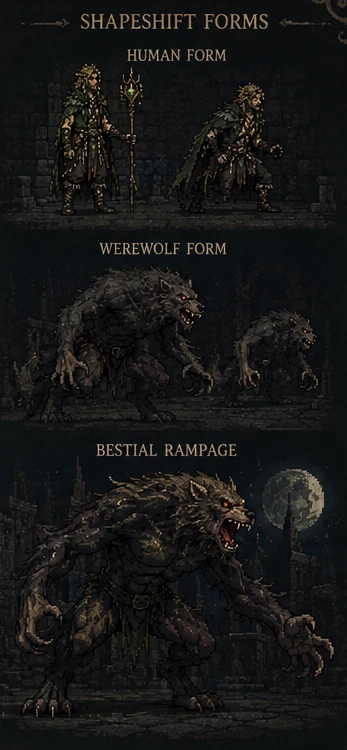 Cyrus Oakenmind: human, werewolf and bestial rampage