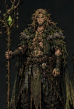 Cyrus Oakenmind, Cyrus Oakenmind is a weathered druid with tangled dirty-blond hair, a full beard and dark tattoos beneath a mantle of leaves and moss