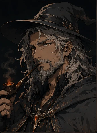 Ganja the Grey, Ganja the Grey is a 32-year-old fire wanderer with grey-white hair and beard beneath a wide-brimmed pointed hat