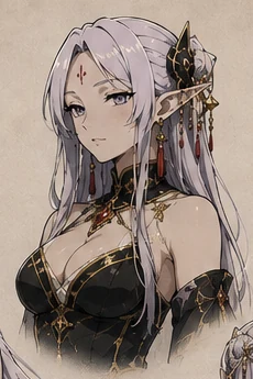 Tamamo-no-Mae, Tamamo-no-Mae is an ancient elf witch with silver-white hair, violet eyes and black-and-gold clothing