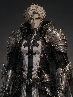 Dante, Dante wears engraved blackened-silver plate over a white tabard marked with a black cross