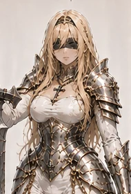 Beatrice, Beatrice is a blindfolded oath-knight with long blonde hair, silver-white plate and a white bodysuit