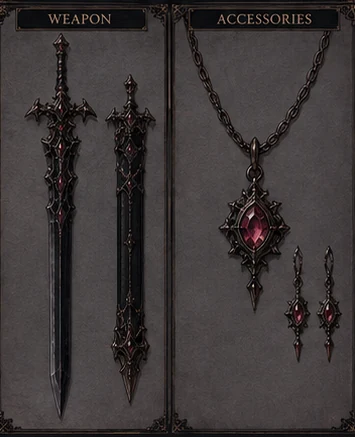 Yomi no Kenshi: black sword and red-gem jewellery