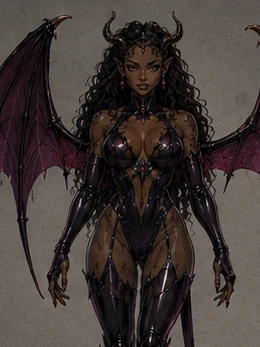 Lilith, Lilith is a deep-brown-skinned demoness with voluminous curly black hair, swept-back black horns and magenta bat wings