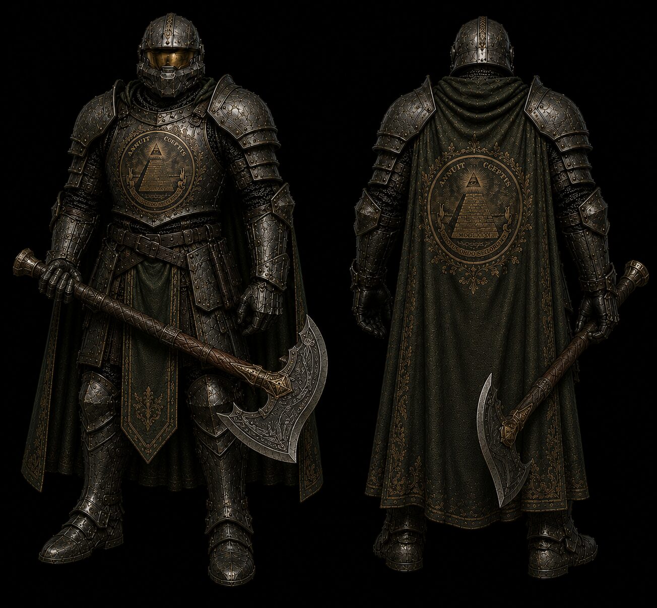 Lumen Nati concept, front and back turnaround with two-handed axe